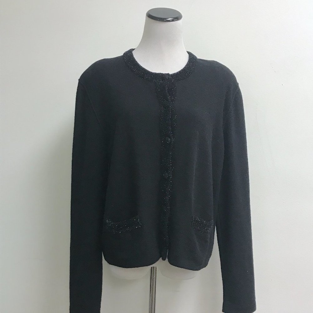 Vintage Sonia Rykiel black wool sweater jacket taly fuzzy accents L dressy party